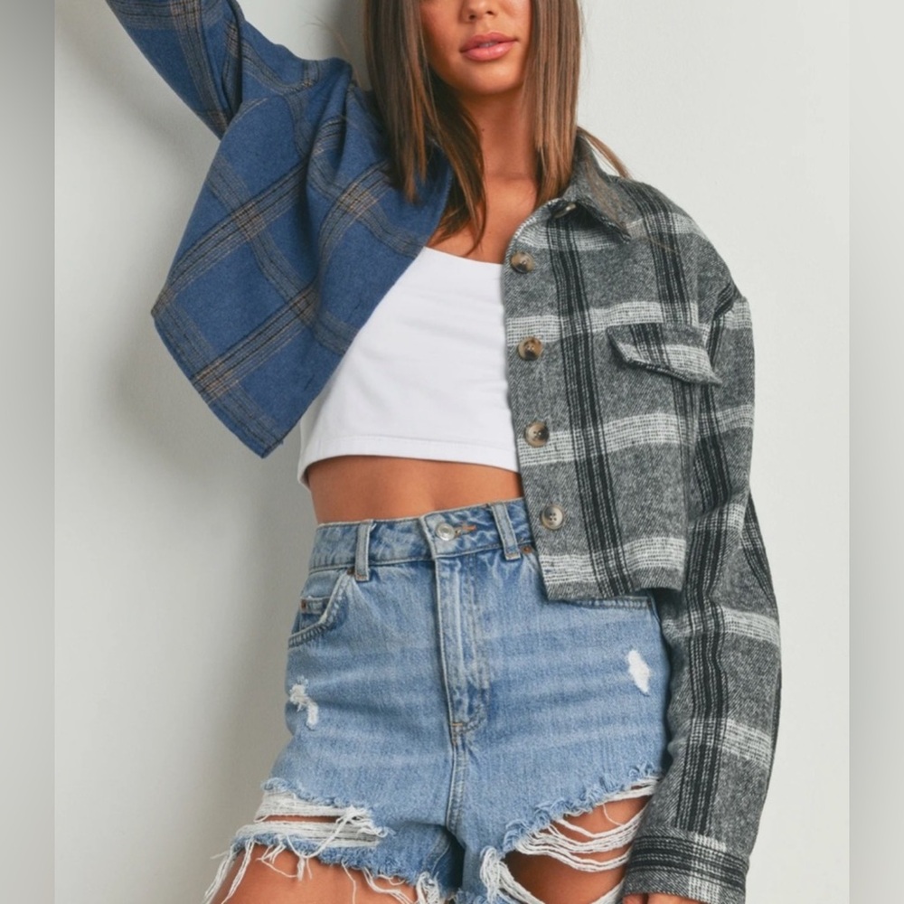 Butter Melon Boxy Plaid Flannel Crop Jacket Shirt Women’s Size M
